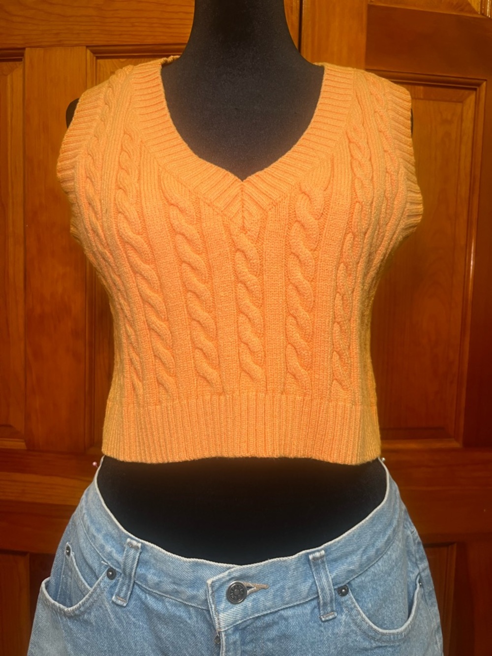 Cable Knit V-Neck Crop Tank Top - Orange